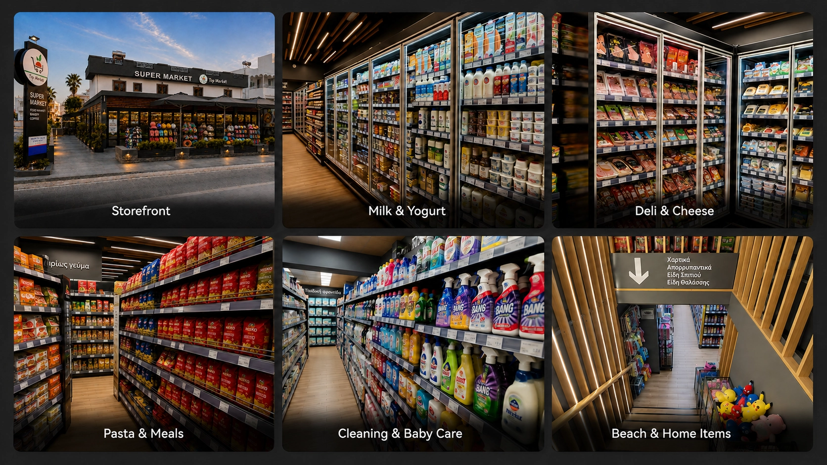 TOPMARKET Sfakaki supermarket sections with storefront, dairy, deli, cleaning products and beach items