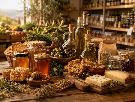 Cretan honey olive oil olives herbs rusks and cheese at TOPMARKET Sfakaki